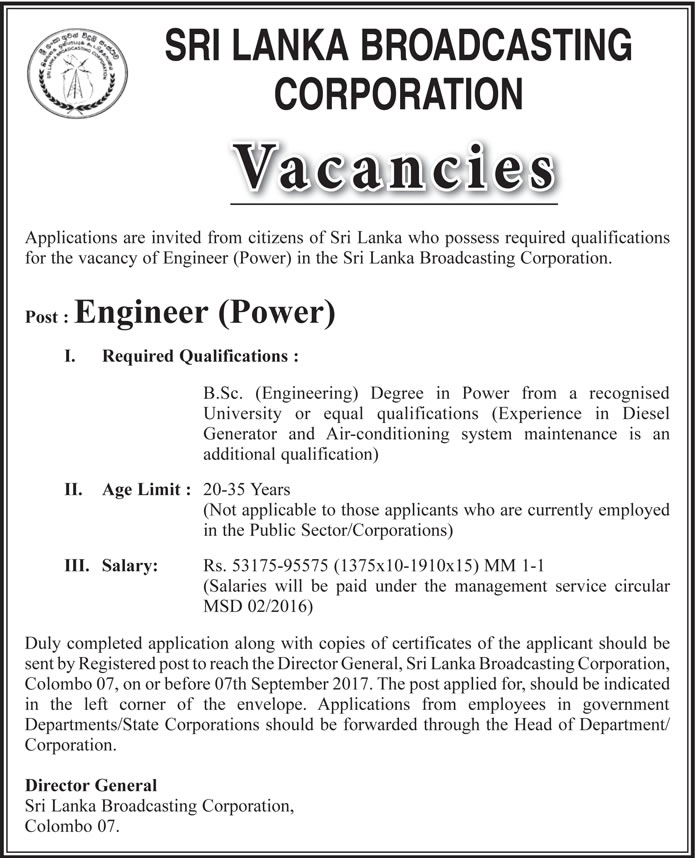 Engineer (Power) - Sri Lanka Broadcasting Corporation